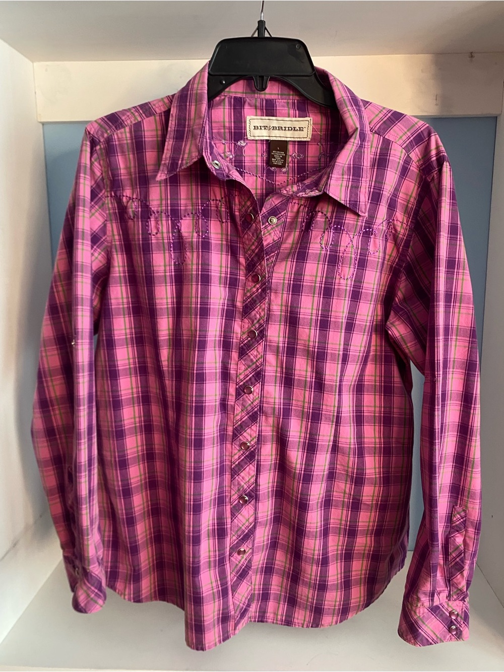 Bit & Bridle women's country core western pearl snap button-up shirt L